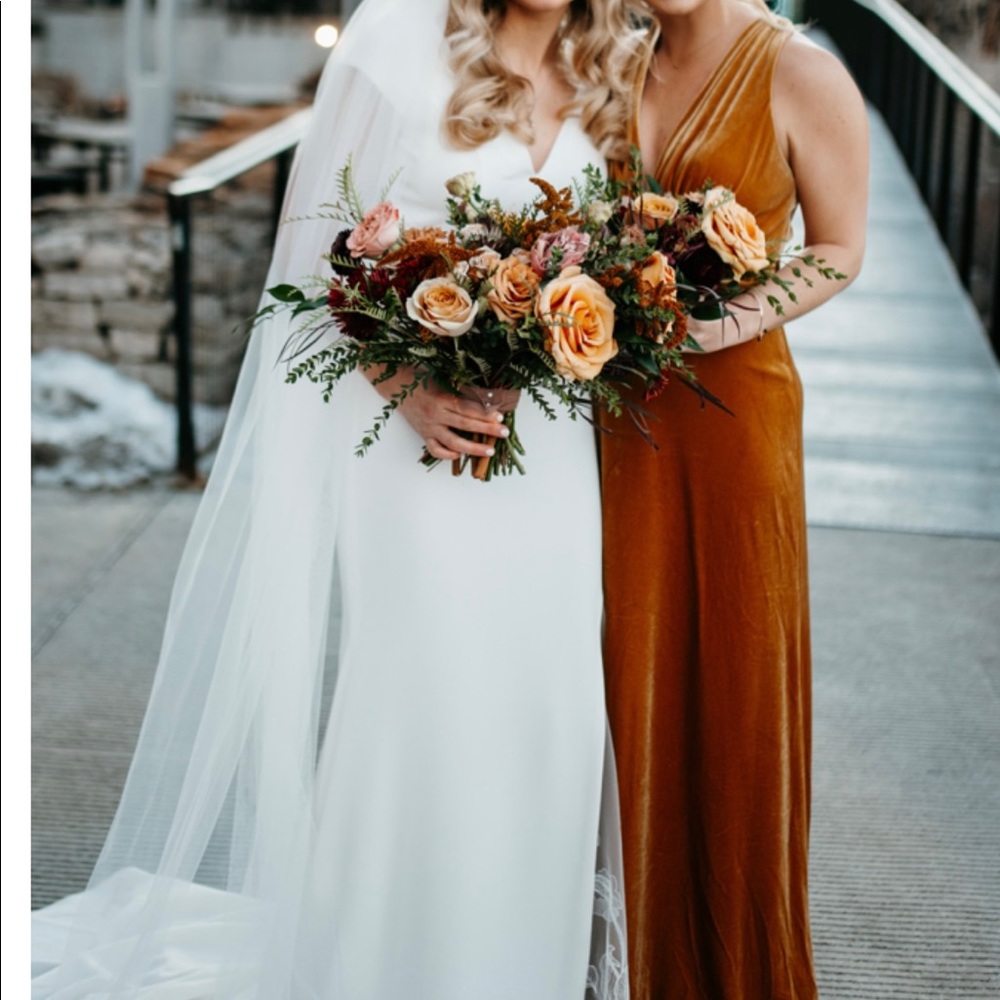 Revelry Dylan Velvet Bridesmaid dress in color Mustard- size 6